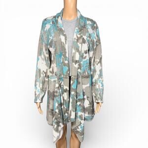 Spanner Womens Cardigan Sweater Knit Open Drape Front Teal White Gray Medium